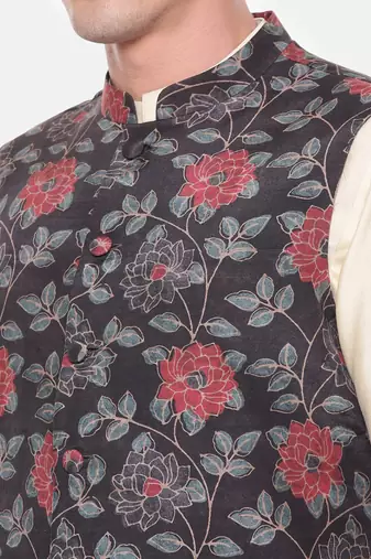 Black Red Printed Muslin Nehru Jacket