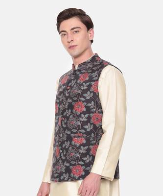 Black Red Printed Muslin Nehru Jacket 4