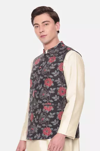 Black Red Printed Muslin Nehru Jacket