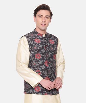 Black Red Printed Muslin Nehru Jacket 5
