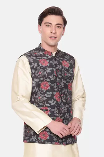 Black Red Printed Muslin Nehru Jacket