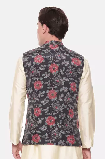 Black Red Printed Muslin Nehru Jacket
