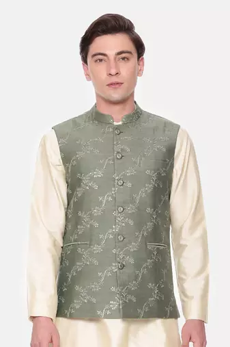 Green Chanderi Embroidered Jacket