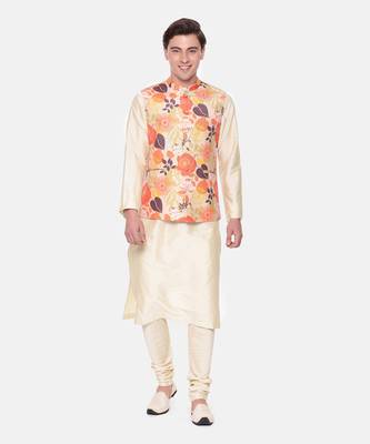 Orange Beige Printed Muslin Nehru Jacket 1