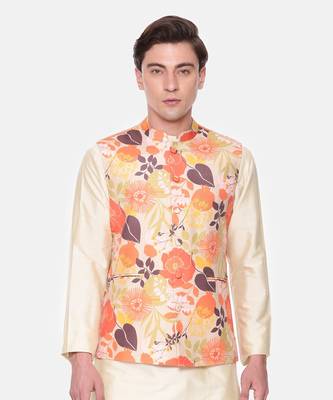 Orange Beige Printed Muslin Nehru Jacket 2
