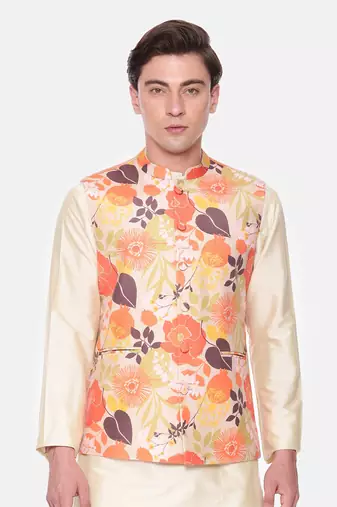 Orange Beige Printed Muslin Nehru Jacket