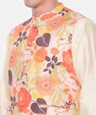 Orange Beige Printed Muslin Nehru Jacket 3