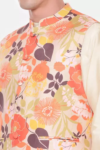 Orange Beige Printed Muslin Nehru Jacket
