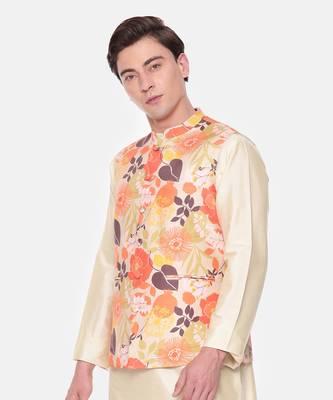 Orange Beige Printed Muslin Nehru Jacket 4