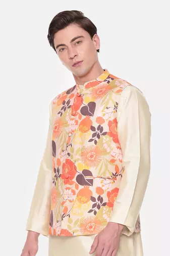 Orange Beige Printed Muslin Nehru Jacket