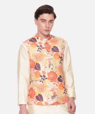 Orange Beige Printed Muslin Nehru Jacket 5