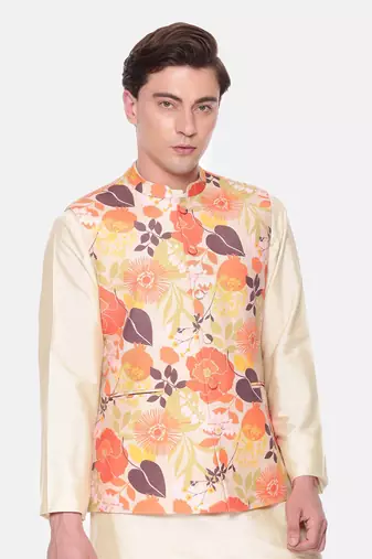 Orange Beige Printed Muslin Nehru Jacket