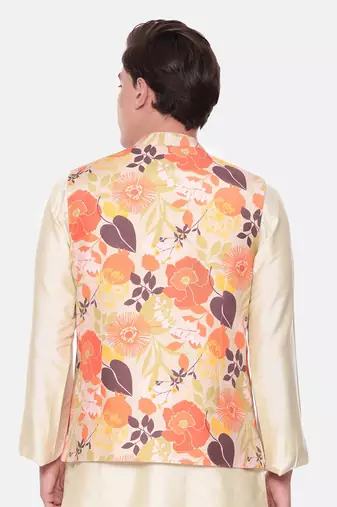 Orange Beige Printed Muslin Nehru Jacket