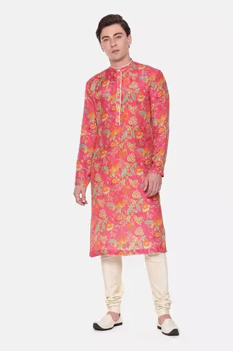 Pink Floral Muslin Kurta Set