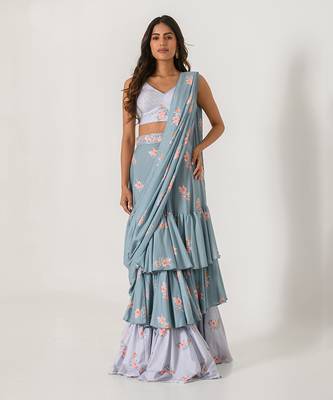 Aqua Blue & Slate Grey Ruffle Saree 1