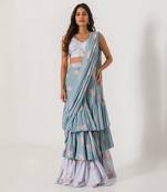Aqua Blue & Slate Grey Ruffle Saree