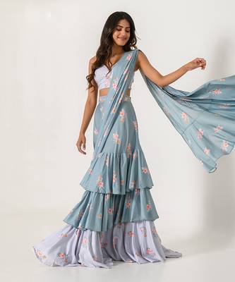 Aqua Blue & Slate Grey Ruffle Saree 2