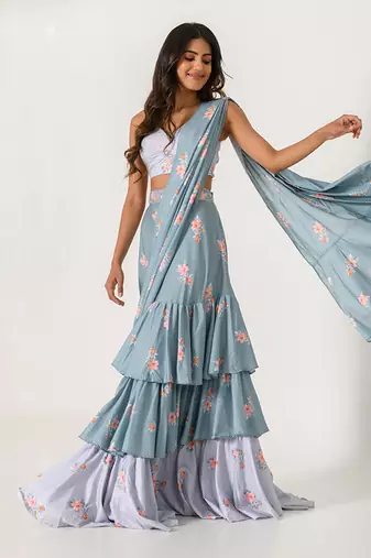 Aqua Blue & Slate Grey Ruffle Saree