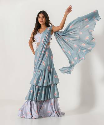 Aqua Blue & Slate Grey Ruffle Saree 3