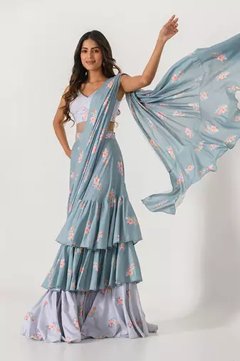 Aqua Blue & Slate Grey Ruffle Saree
