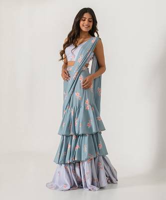 Aqua Blue & Slate Grey Ruffle Saree 4