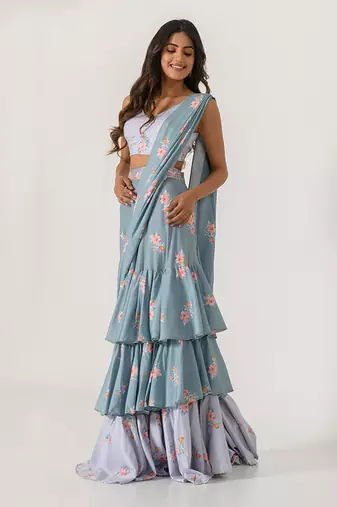 Aqua Blue & Slate Grey Ruffle Saree