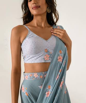 Aqua Blue & Slate Grey Ruffle Saree 5