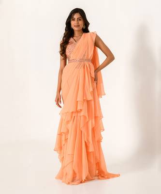Embellished Orange Blouse With Chiffon Ruffle Saree 1