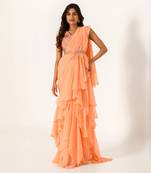 Embellished Orange Blouse With Chiffon Ruffle Saree