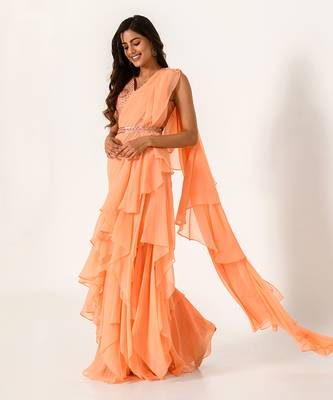 Embellished Orange Blouse With Chiffon Ruffle Saree 2