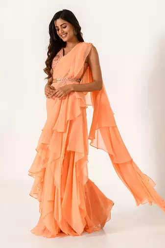 Embellished Orange Blouse With Chiffon Ruffle Saree