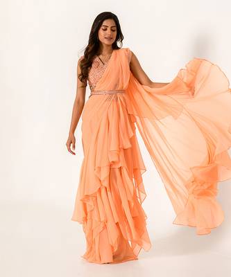 Embellished Orange Blouse With Chiffon Ruffle Saree 3