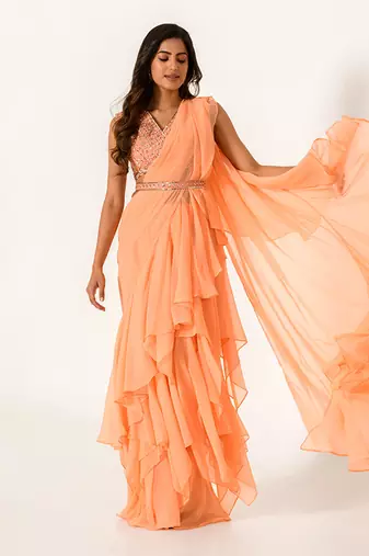 Embellished Orange Blouse With Chiffon Ruffle Saree