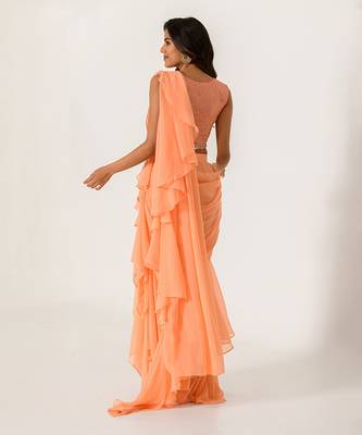 Embellished Orange Blouse With Chiffon Ruffle Saree 4