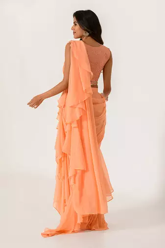 Embellished Orange Blouse With Chiffon Ruffle Saree