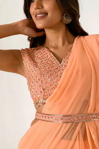 Embellished Orange Blouse With Chiffon Ruffle Saree