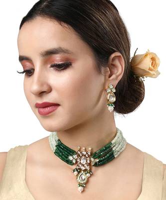 Gold Finish Kundan Polki & Green Agate Necklace Set 1