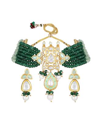 Gold Finish Kundan Polki & Green Agate Necklace Set 2