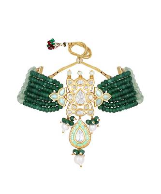 Gold Finish Kundan Polki & Green Agate Necklace Set 3