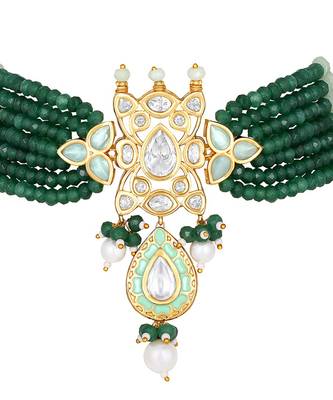 Gold Finish Kundan Polki & Green Agate Necklace Set 4