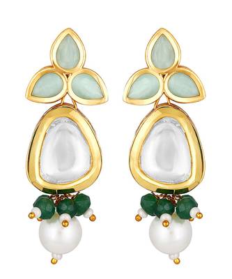 Gold Finish Kundan Polki & Green Agate Necklace Set 5