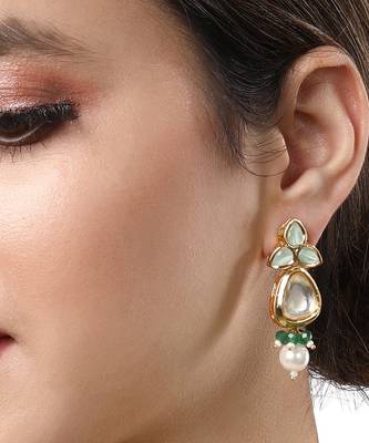 Gold Finish Kundan Polki & Green Agate Necklace Set 6