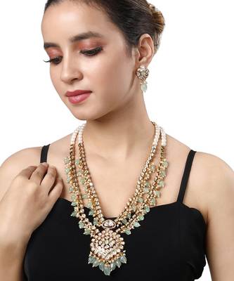 Micro Gold Finish Kundan Polki & Agate Long Necklace Set 1