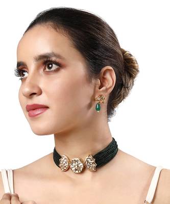 Micro Gold Finish Kundan Polki & Agate Choker Necklace Set 1