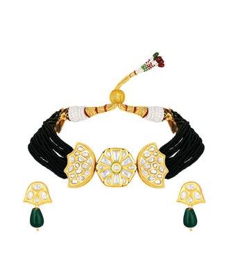 Micro Gold Finish Kundan Polki & Agate Choker Necklace Set 2