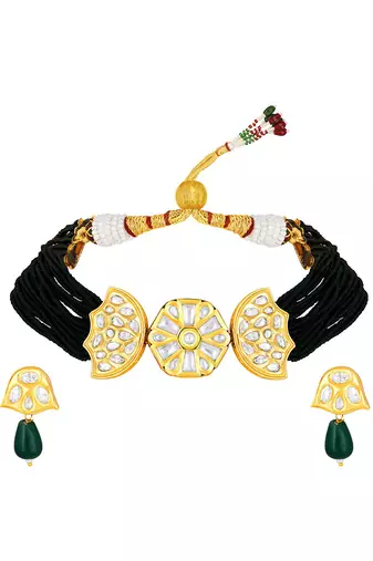 Micro Gold Finish Kundan Polki & Agate Choker Necklace Set
