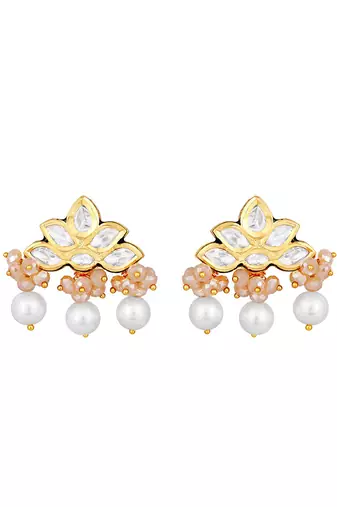 Pearly White Gold Finish Kundan Polki Dangler Earrings