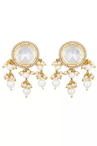 Creme & Pearly Gold Finish Kundan Polki Dangler Earrings
