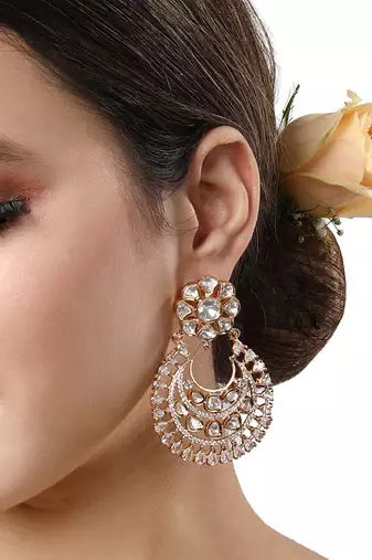 Gold Finish Kundan Polki Chandbali Earrings