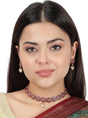 AQUASTREET  Gold Plated Ruby studdded Floral Designed Necklace set with Pearls drop Copper 1